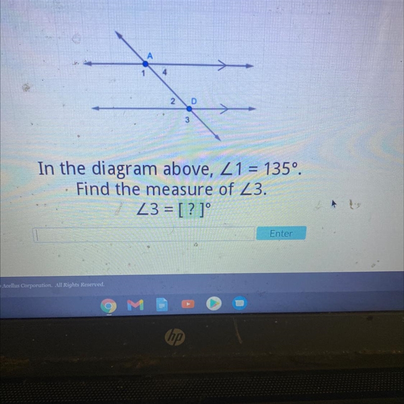 In the diagram above, Z1 = 135º. Find the measure of Z3. Z3 = ?-example-1