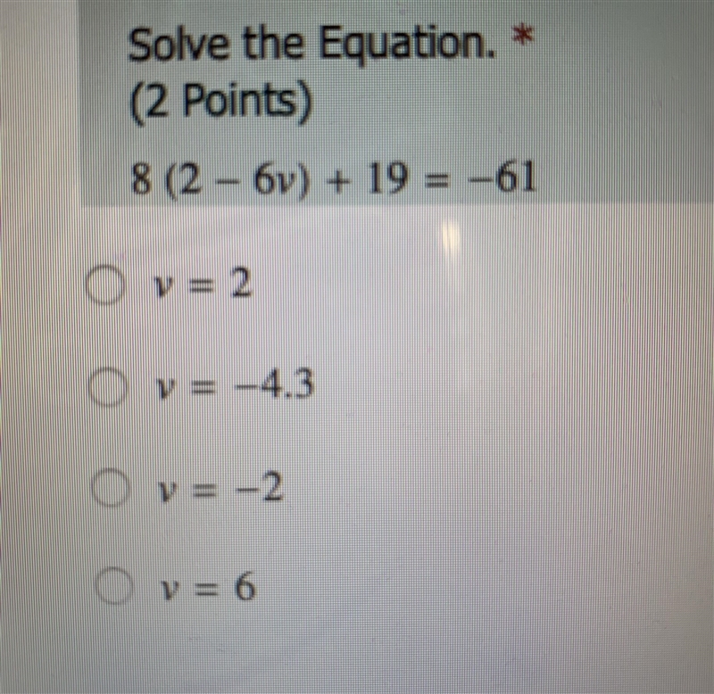 Solve the equation. 8 (2-6v) +19=-61-example-1