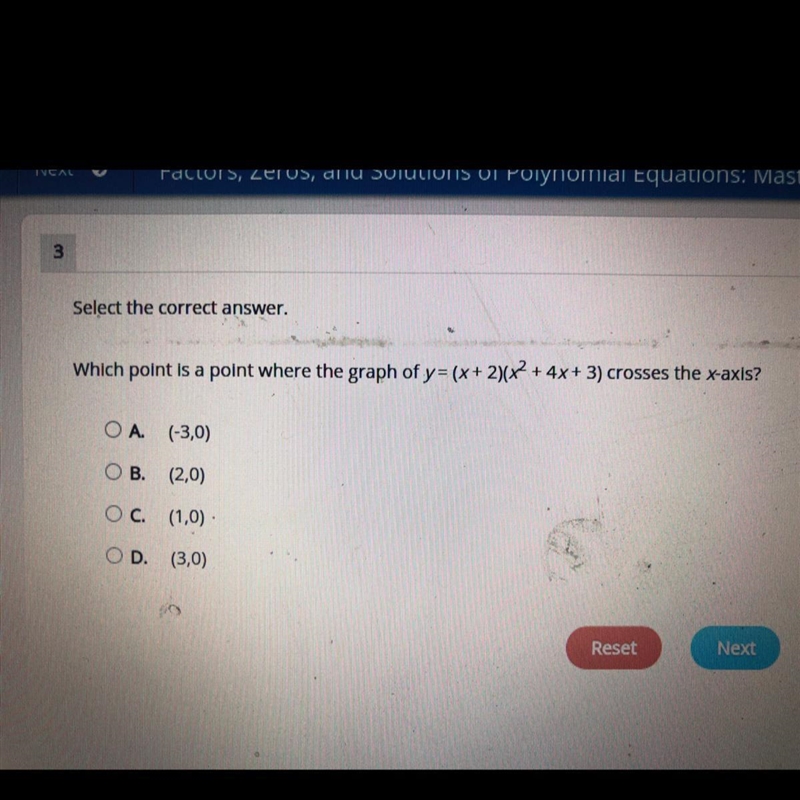 Select the correct answer. Which point is a point where the graph of y= (x + 2)(x-example-1