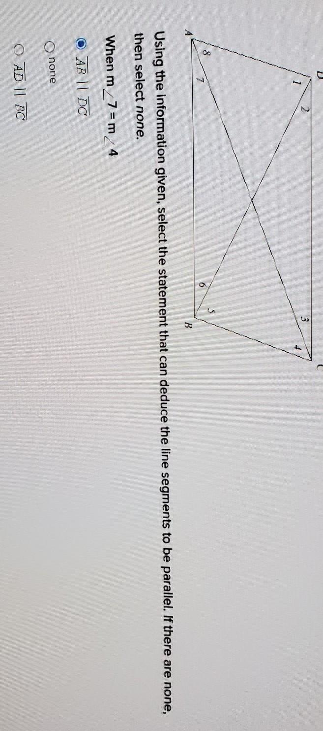 Using the information given, select the statement that can deduce the line segments-example-1