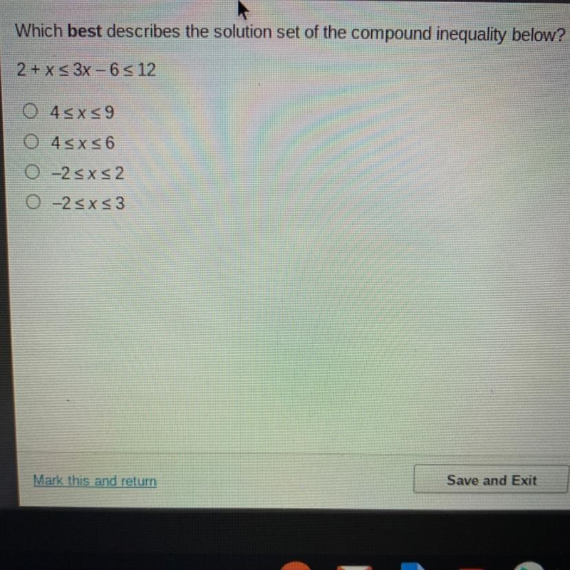 Which best describes the solution set of the compound inequality below?-example-1