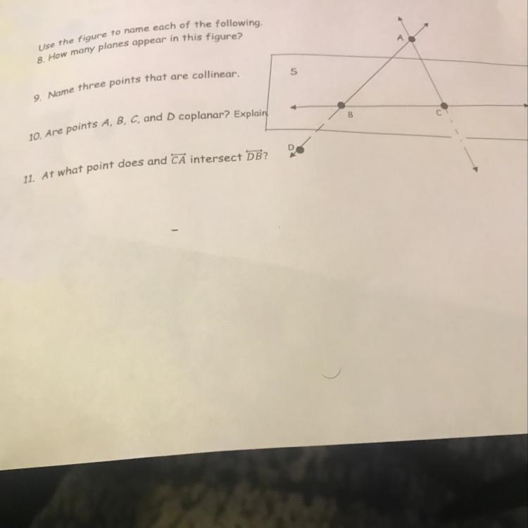 How many planes appear in this figure? Name three points that are collinear. Are points-example-1