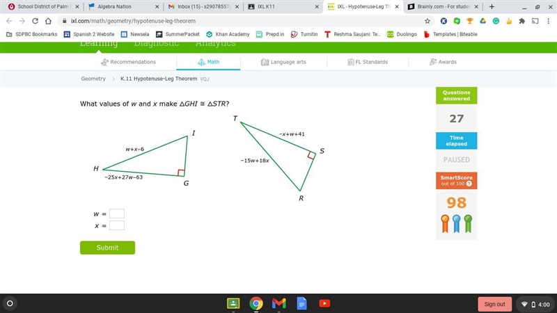 100 POINTS JUST ANSWER THIS PLEASE What values of w and x make △GHI≅△STR?-example-1