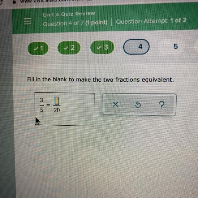 3/5 = blank/20 whats the answer?-example-1