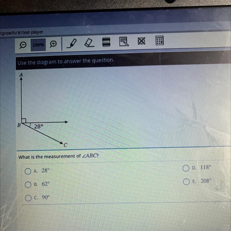 What is the measurement of ABC? D. 1180 A. 28° ОО E. 208° B. 62° O c. 90°-example-1