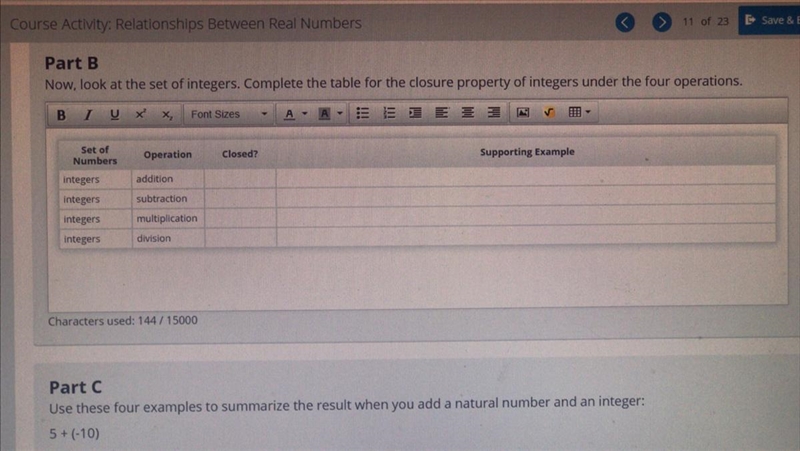 Now, look at the set of integers. Complete the table for the closure property if integers-example-1