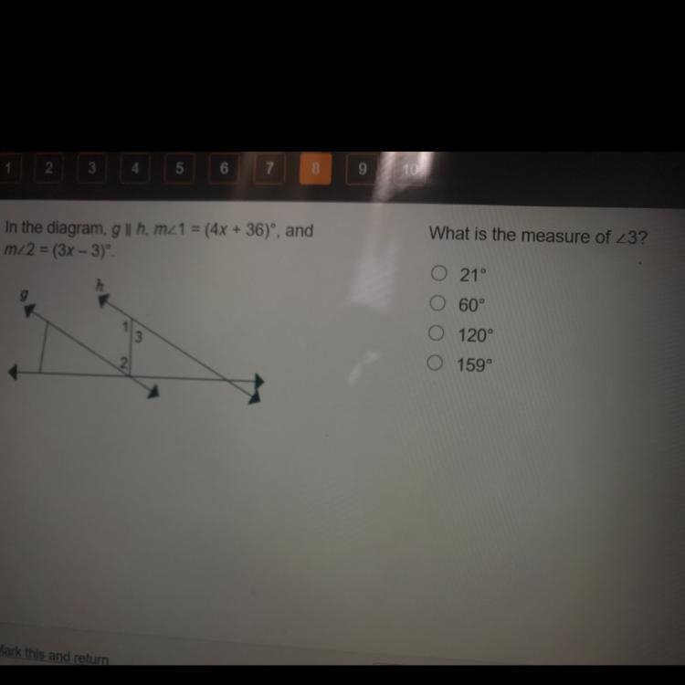 In the diagram g|| h, m<1=(4x+36) and m<2=(3x-3) What is the measure of &lt-example-1