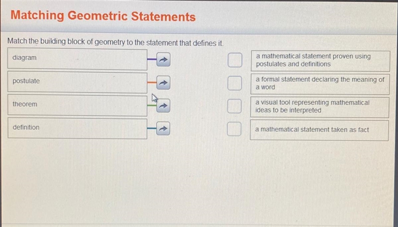 Match the building blocks of geometry to the statement that defines it-example-1