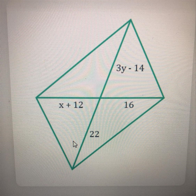 Find the value of x and y in the parallelogram below.-example-1