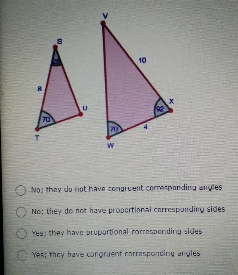 Are the two triangles below similar? PLEASE HELP ME!!!!!!!!!!​-example-1