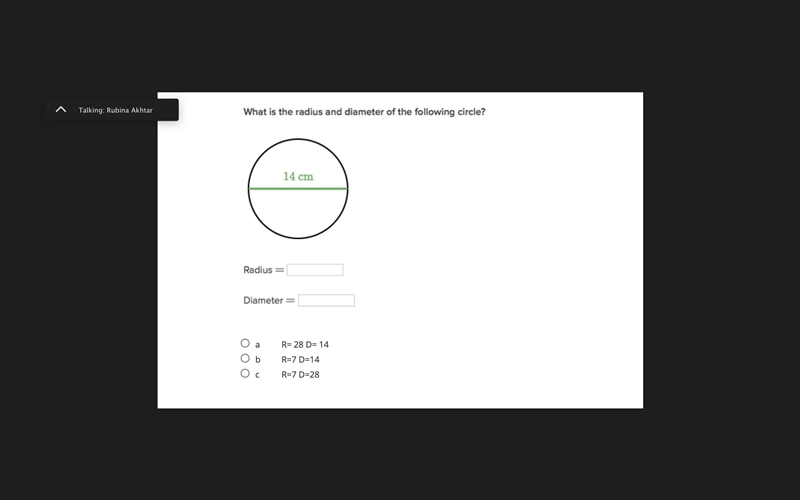 What is the radius diameter of the following circle?-example-1