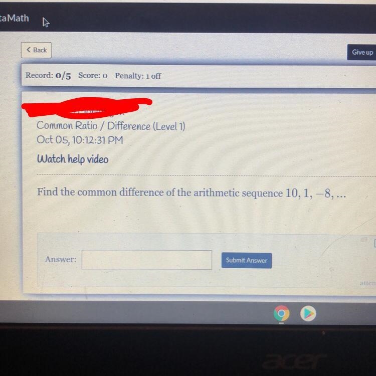 Find the common difference of the arithmetic sequence 10,1,-8,...-example-1