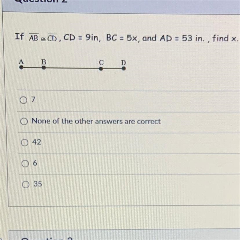 If AB=CD, CD = 9in, BC = 5x, and AD = 53 in. , find x.-example-1