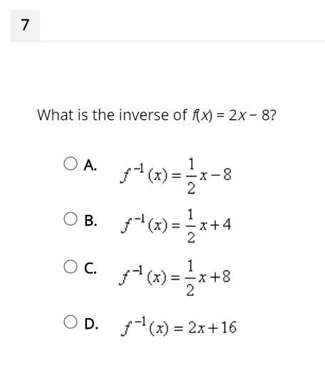 What is the inverse of f(x) = 2x − 8?-example-1