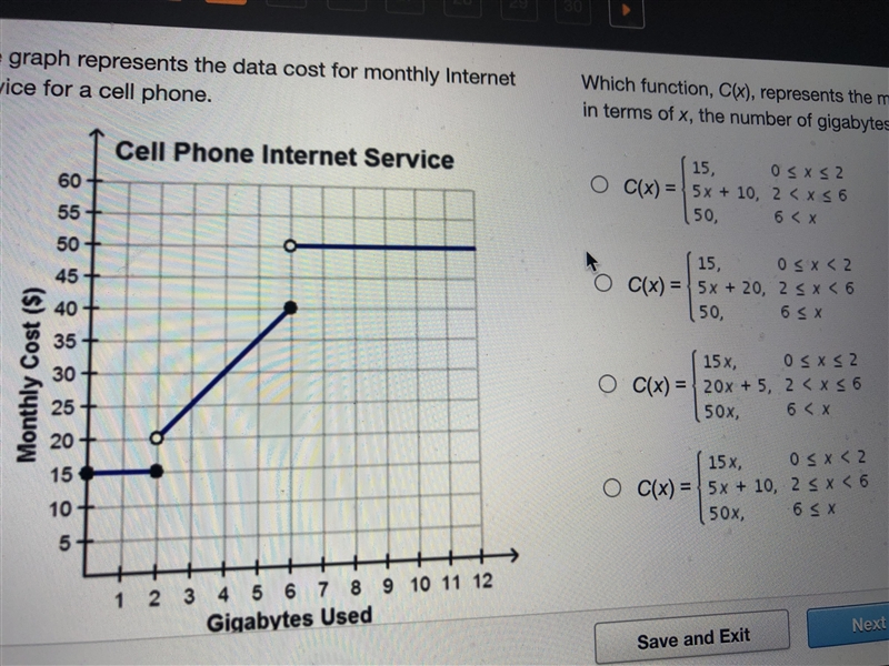 The graph represents the data cost for monthly internet service for a cell phone. Which-example-1