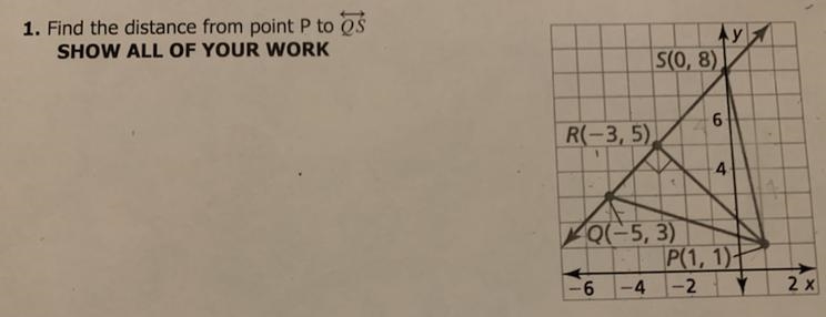 1. Find the distance from point P to QS SHOW ALL OF YOUR WORK S(0,8) R(-3,5) Q(-5,3) P-example-1