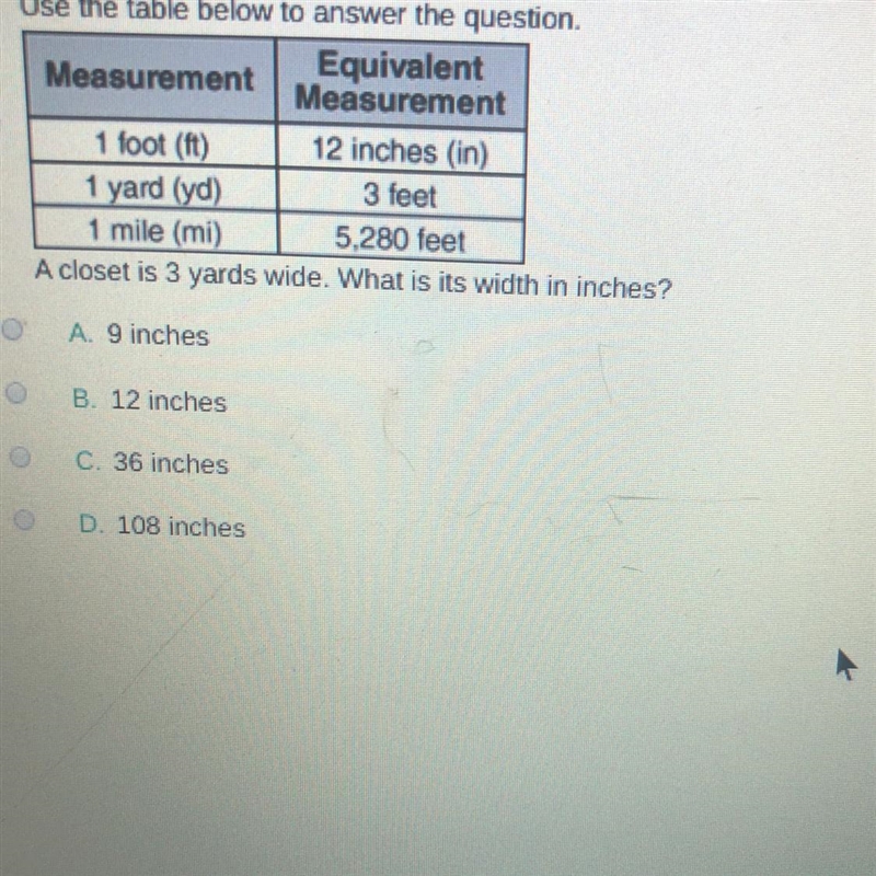 A closet is 3 yards wide. What is its width in inches?-example-1
