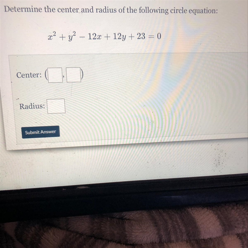 Determine the center and radius of the following circle equation: x2 + y2 – 12x + 12y-example-1