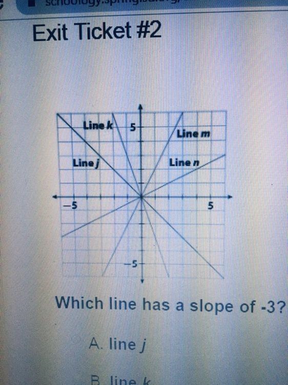 Linek 5 Linem Line Linen -5 Which line has a slope of -3? A. line j B. line k C. line-example-1