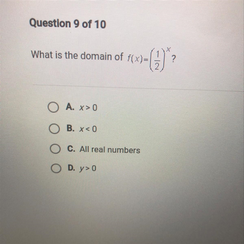 Pls somebody can help me? What is the domain of f(x) = (1/2)^x ?-example-1