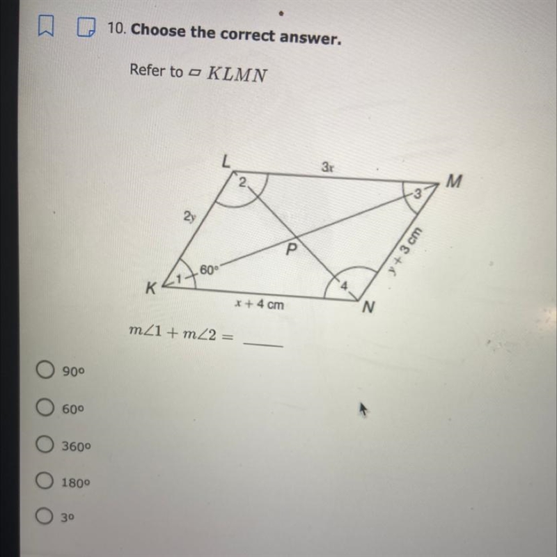 Refer to - KLMN 2x M 101 -3 2y P y + 3 cm 60° К. N x + 4 cm mZ1 + m22 =-example-1