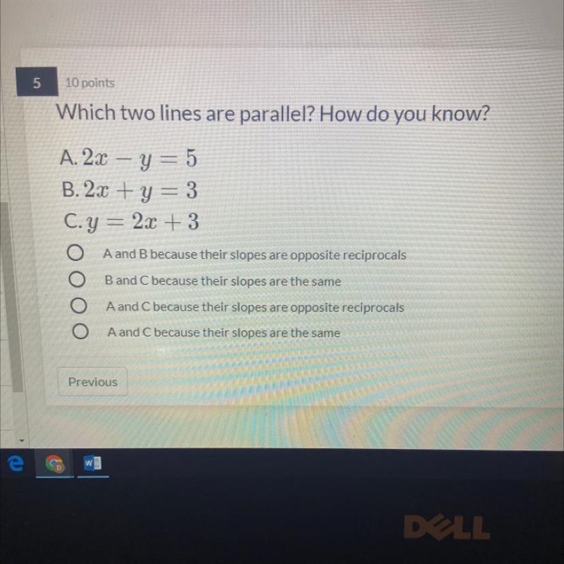 Which two lines are parallel? How do you know? A. 2x – y = 5 B. 23 + y = 3 C.y = 2x-example-1