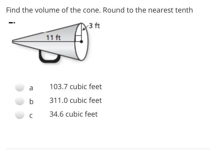 What is the volumen of the cone 11ft 3ft-example-1