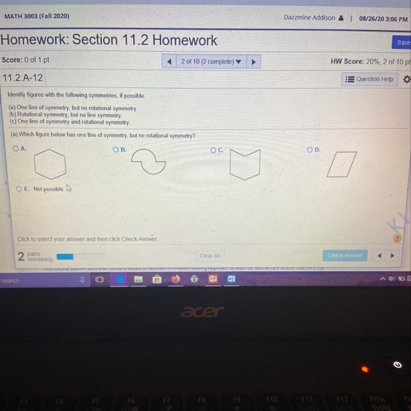 Which figure has one line of symmetry but no rotational symmetry?-example-1