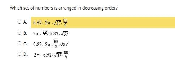 PLEASE HELP!!!!!!! Which set of numbers is arranged in decreasing order?-example-1