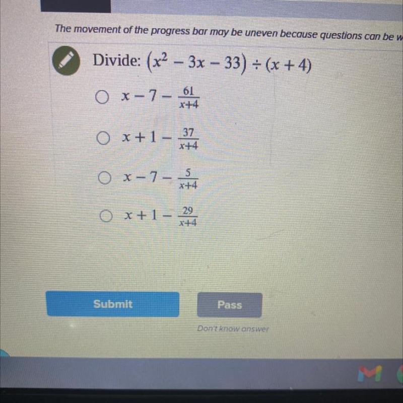 Divide: (x2 – 3x – 33) = (x + 4)-example-1