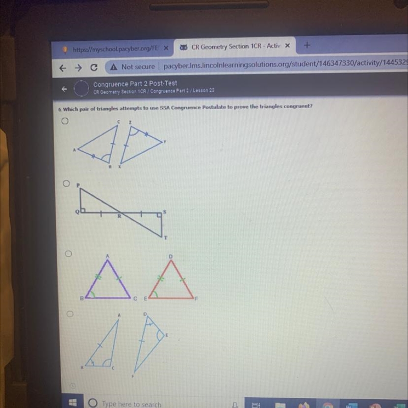 Which pair of triangles attempts to use SSA Congruence Postulate to prove the triangles-example-1