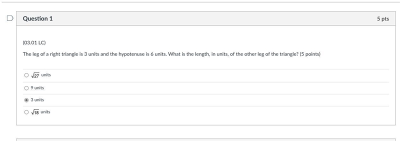 The leg of a right triangle is 3 units and the hypotenuse is 6 units. What is the-example-1