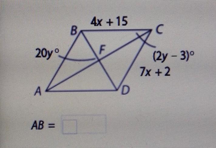 ABCD is a rhombus. Find AB. Give answer as a fraction in simplest form. ​-example-1