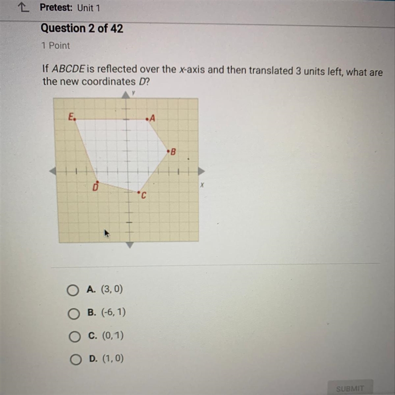 If ABCDE is reflected over the x-axis and then translated 3 units left, what are the-example-1