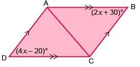 Triangle ABC is congruent with triangle CDA Find the value of the pronumeral x.-example-1