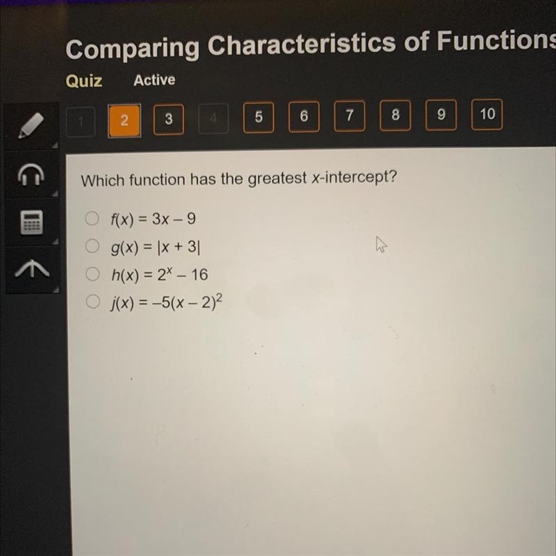 Which function has the greatest x-intercept?-example-1