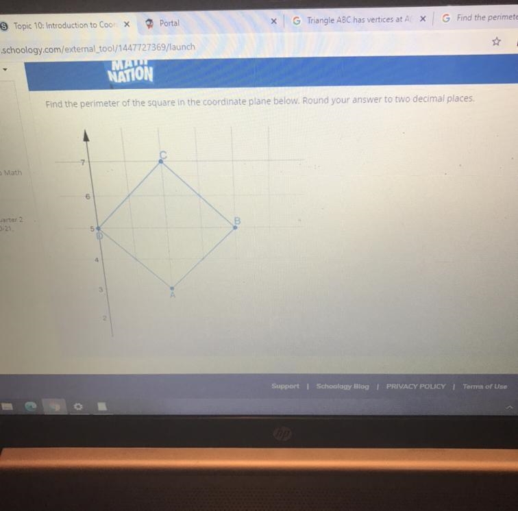 NATION Find the perimeter of the square in the coordinate plane below. Round your-example-1