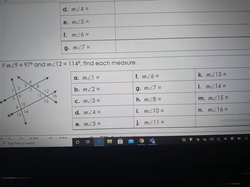 If m<9=97° and m<12=114°, find each measure. I have to show my work.-example-1