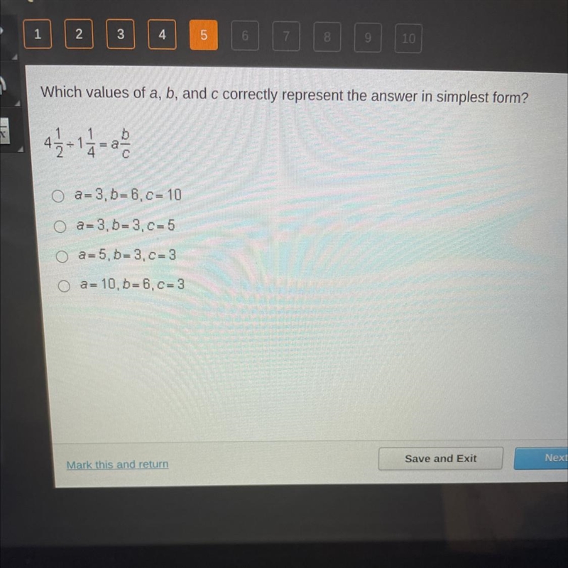 Which values of a, b, and c represent the answer in the simplest form?-example-1