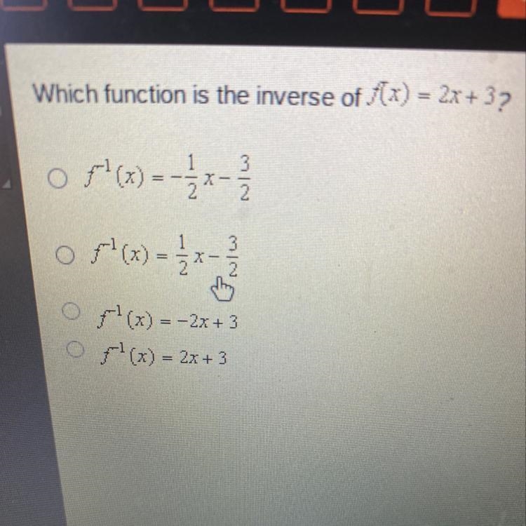 Which function is the inverse of f(x) = 2x+ 3? Help plz-example-1