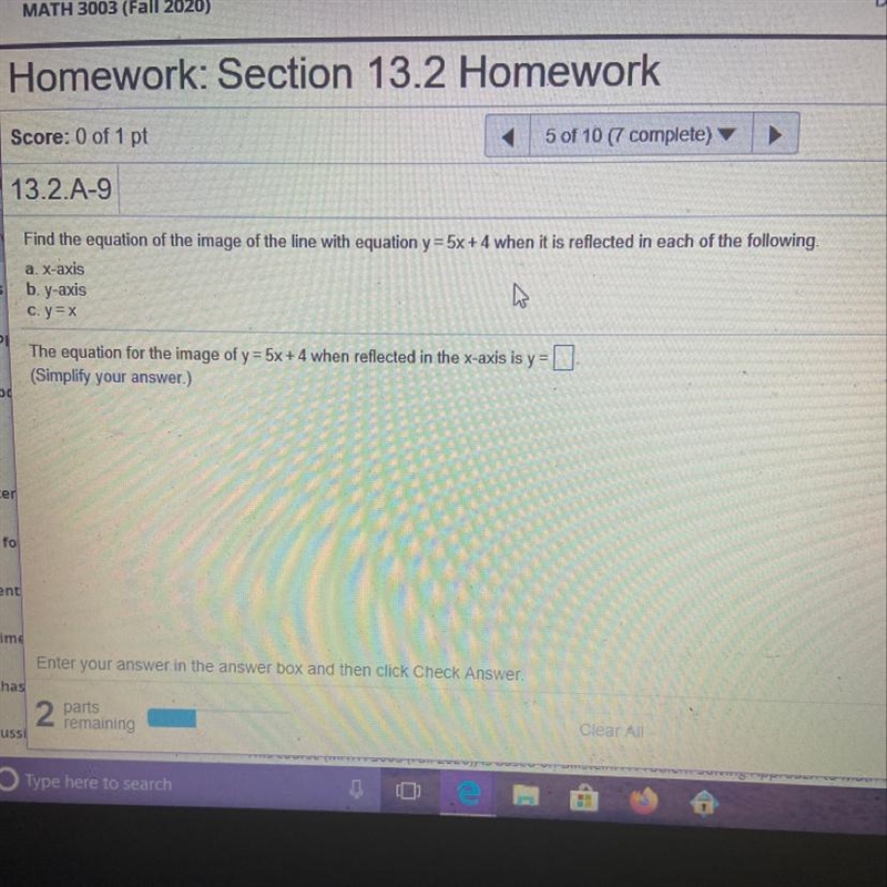 What is the equation when y=5x+4 is reflected over the x-axis, y-axis & y=x?-example-1