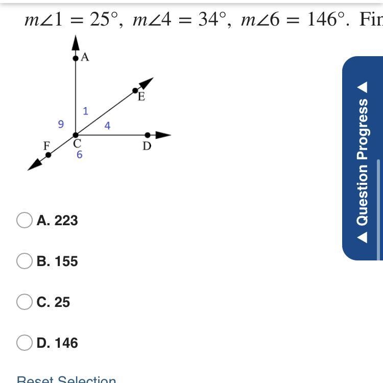 Help please ! m∠1=25°, m∠4=34°, m∠6=146°. Find m∠9 .-example-1