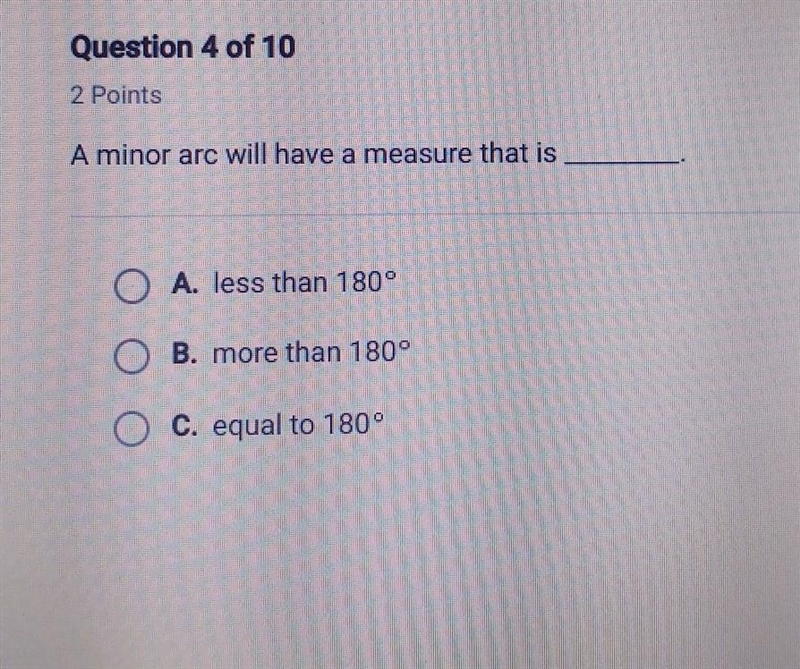 A minor arc will have a measure that is...​-example-1