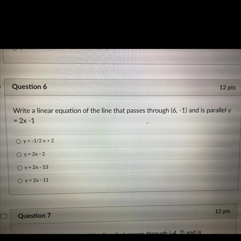 Write a linear equation of the line that passes through (6, -1) and is parallel y-example-1