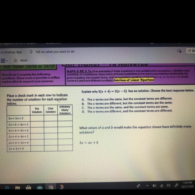 WORTH 15 POINTS Explain why 3(x + 4) - 3(x - 5) has no solution. Choose the best response-example-1