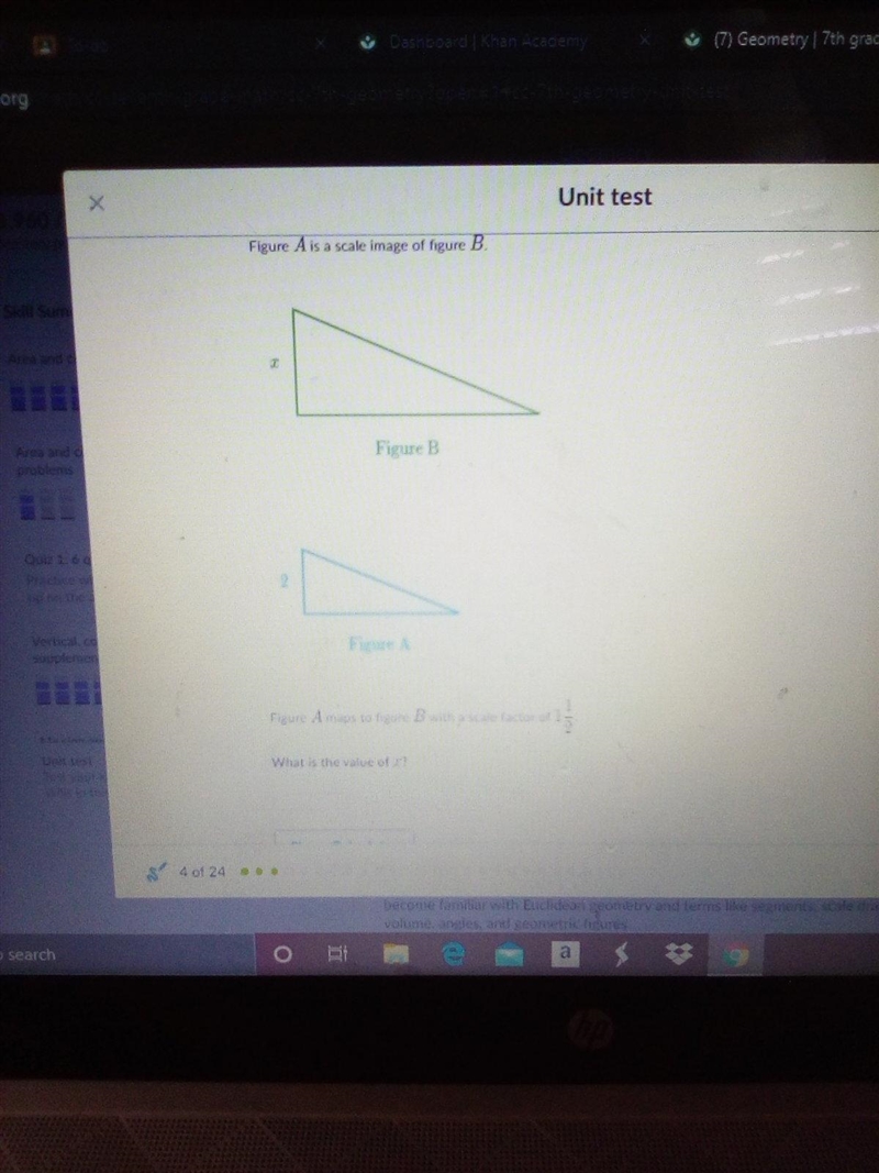 Please help! Figure A maps to Figure B with a scale factor of 1 1/2 What is the value-example-1