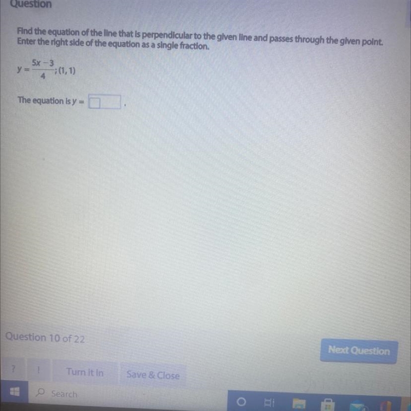 E Find the equation of the line that is perpendicular to the given line and passes-example-1