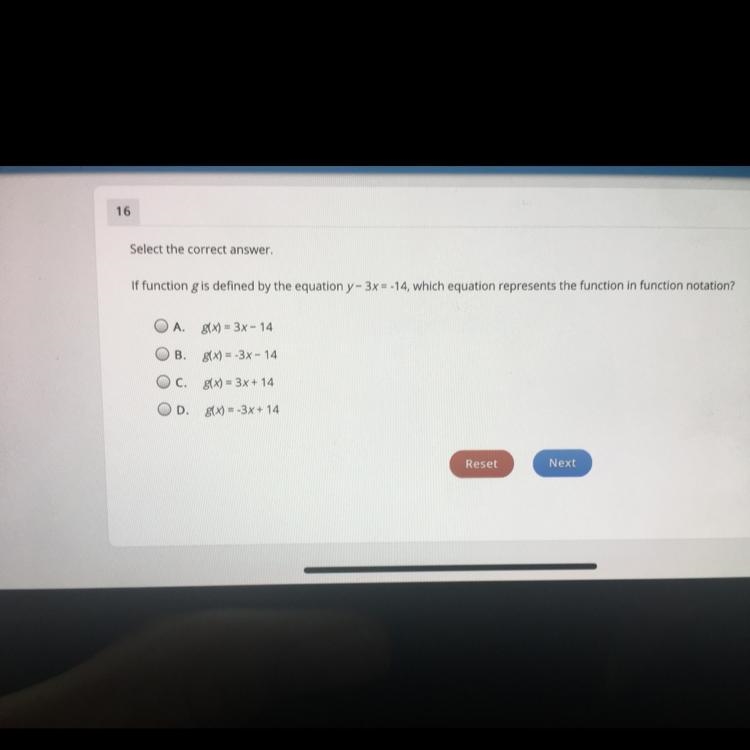 16 Select the correct answer. If function g is defined by the equation Y-3X = -14, which-example-1