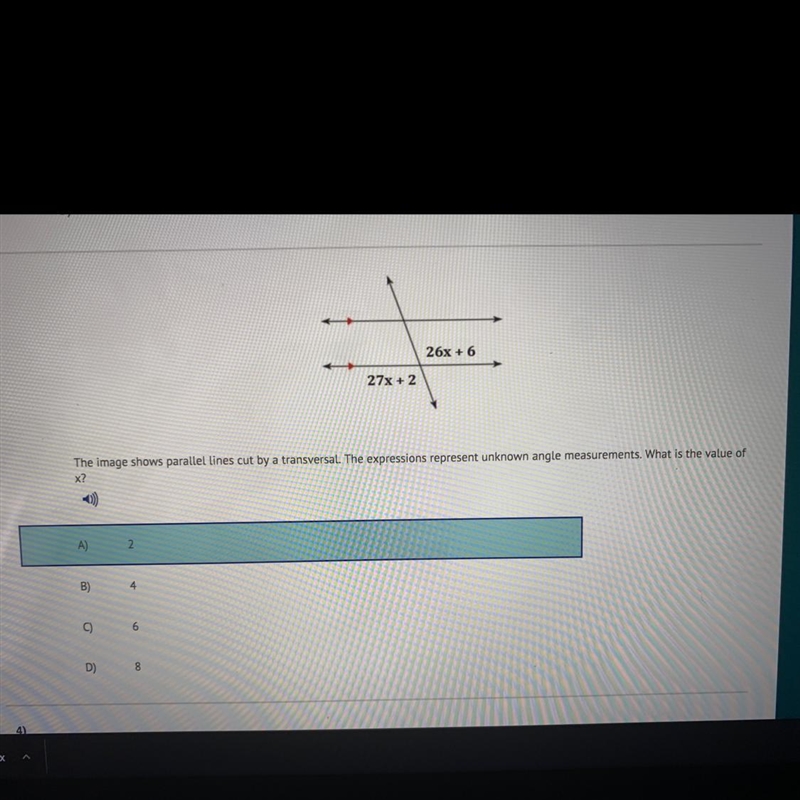 The image shows parallel lines cut by a transversal. The expressions represent unknown-example-1