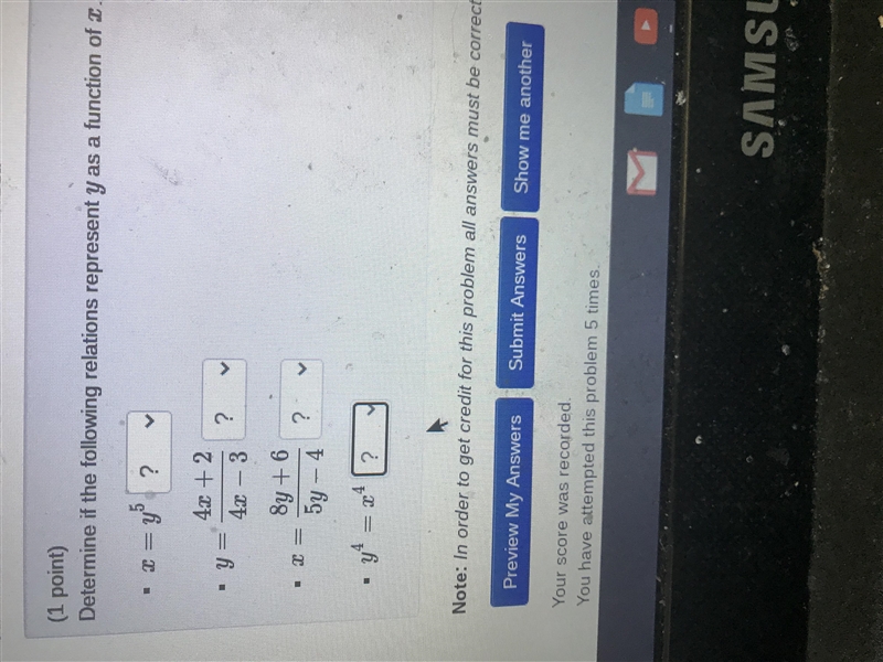 Determine if the following relations represent y as a function of x.-example-1